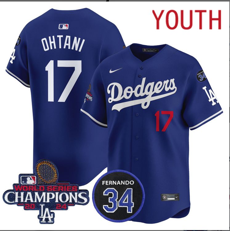 Youth  MLB Los Angeles Dodgers #17 Ohtani blue 2024 World Series Champions Patch Limited Jersey style 2->youth mlb jersey->Youth Jersey